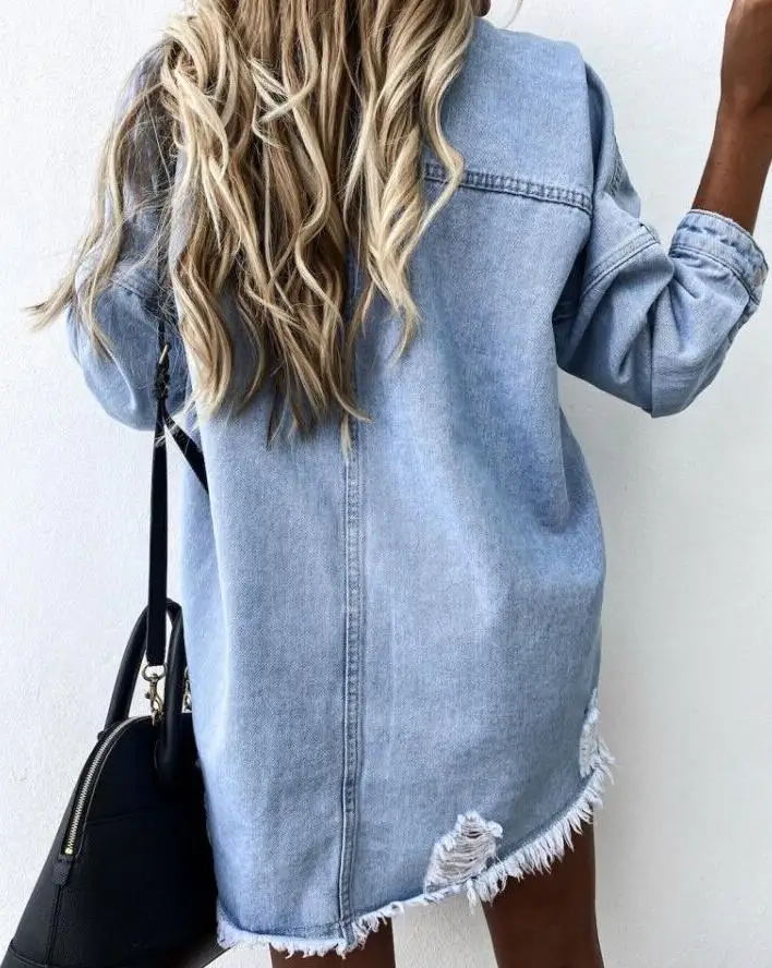 Женская джинсовая рубашка Новинка осени 2020 средней длины с длинным рукавом