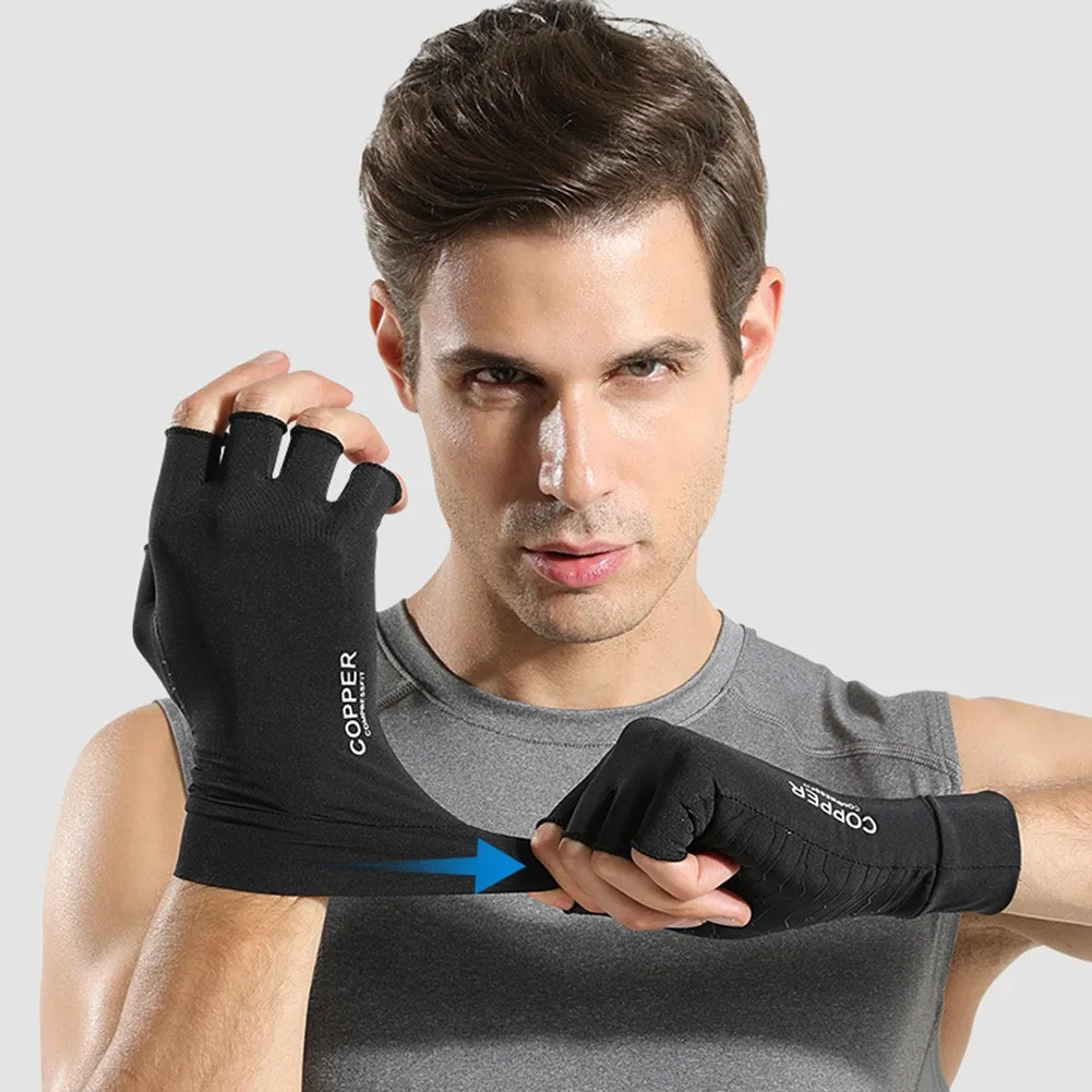 

1 Pair Copper Compression Gloves Arthritis Fit Carpal Tunnel Hand Wrist Support Half Finger Shockproof Wear Resistant Breathable