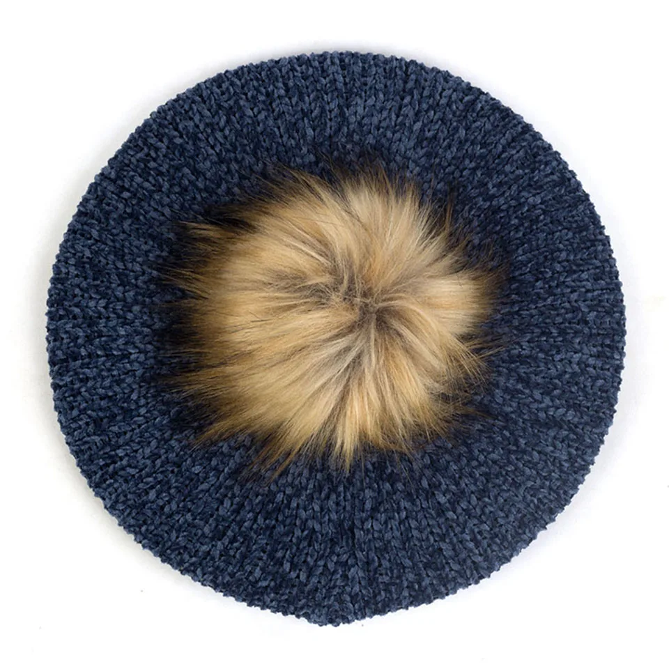 Женские Модные береты с помпон из искуственного меха Pom Chenille мягкие зимние теплые шапки женские французские художники берет шапки для волос Повседневная шапка