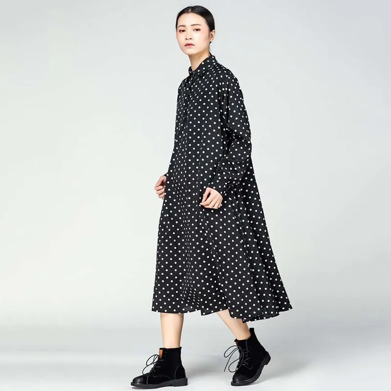 Платья CHICEVER в горошек для женщин черное платье средней длины с длинным рукавом и