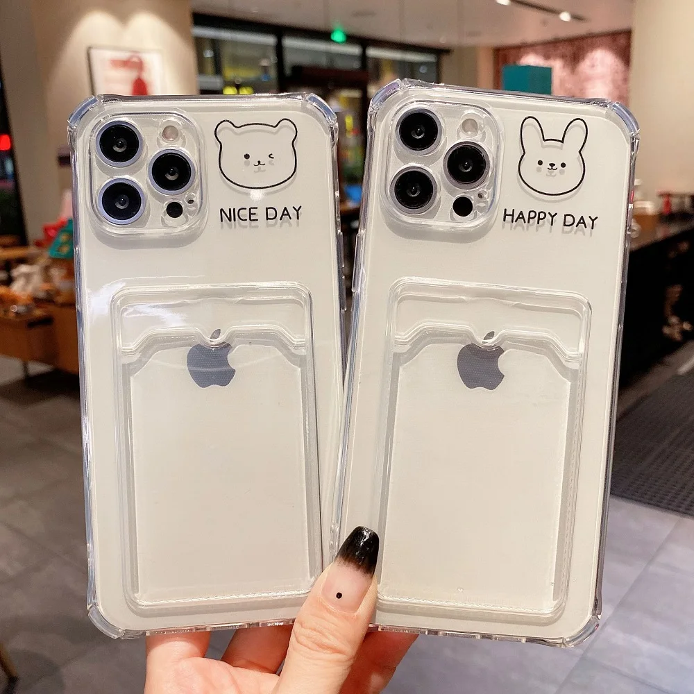 

100Pcs Cartoon Card Bag Phone Case For iPhone 11 12 Pro Max XR XS Max X XS 7 8 Plus SE2020 Mini Wallet Clear Soft TPU Back Cover