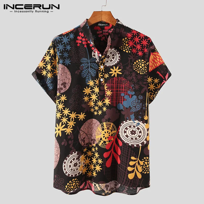 

Рубашка INCERUN мужская с винтажным принтом, блуза с коротким рукавом, воротником-стойкой, в этническом стиле, свободная удобная на пуговицах, ...