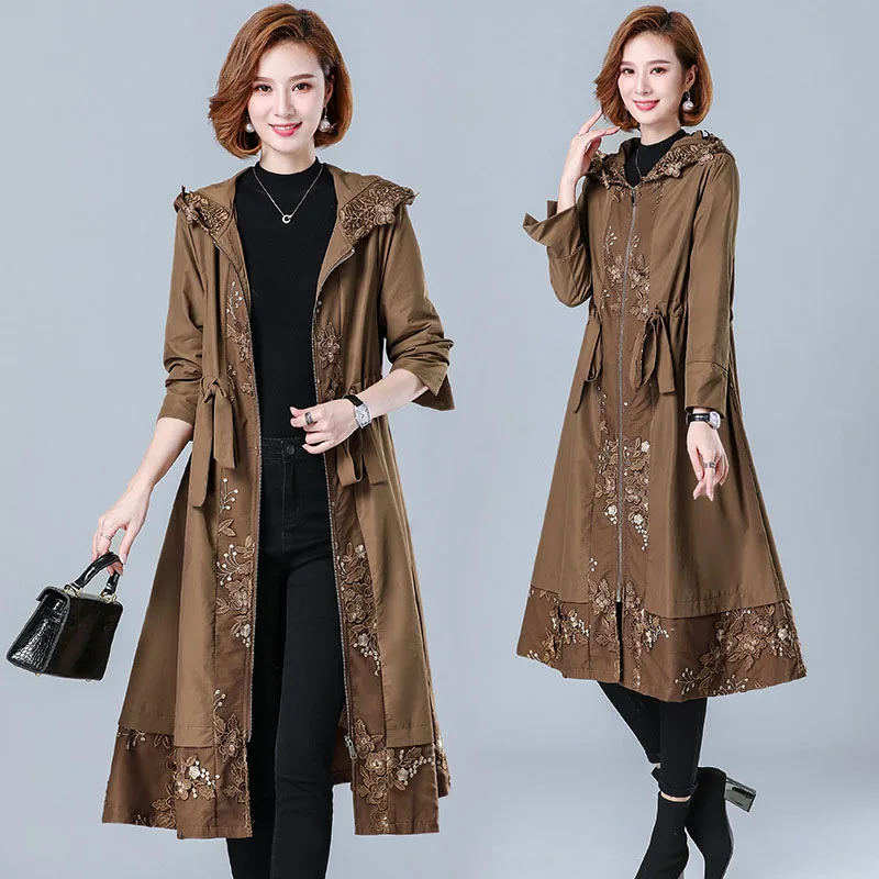 

Women's Trench Coat Spring Autumn Middle aged Mother High-end Windbreaker Female Long Lace Splicing Outerwear Ladies Coats Tops