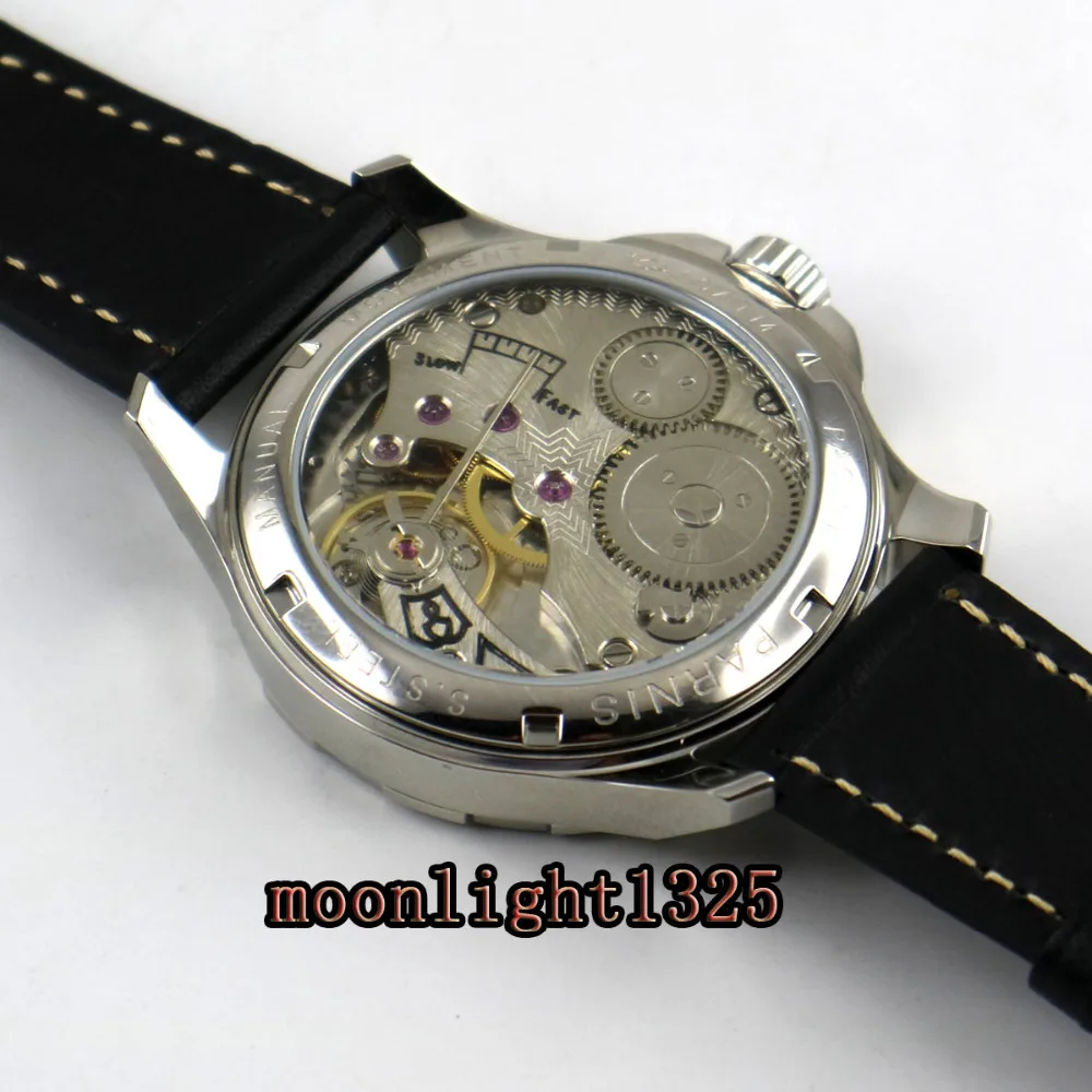 

2017 new arrive 44mm mens parnis constellation steel Case Leather Sapphire glass Luminous 6498 hand Winding uhr Watch