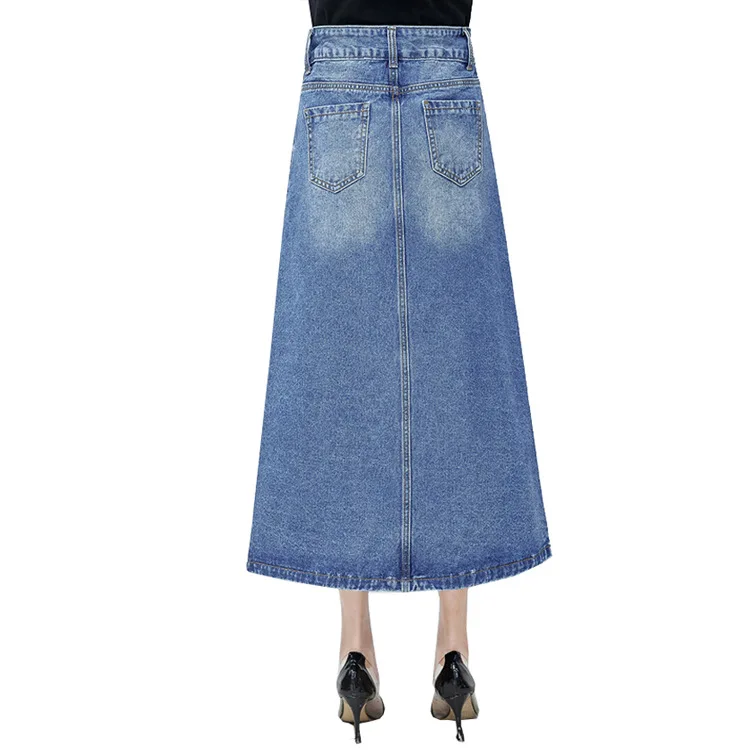 Женская длинная джинсовая юбка голубая средней длины с высокой талией и