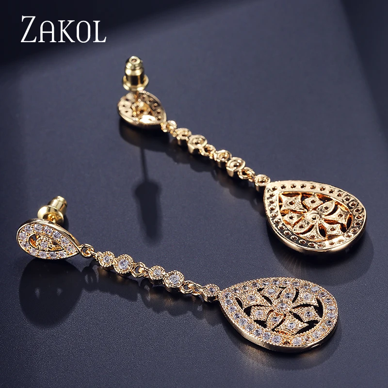 ZAKOL Винтажные серьги подвески из розового золота в форме капли воды с микро