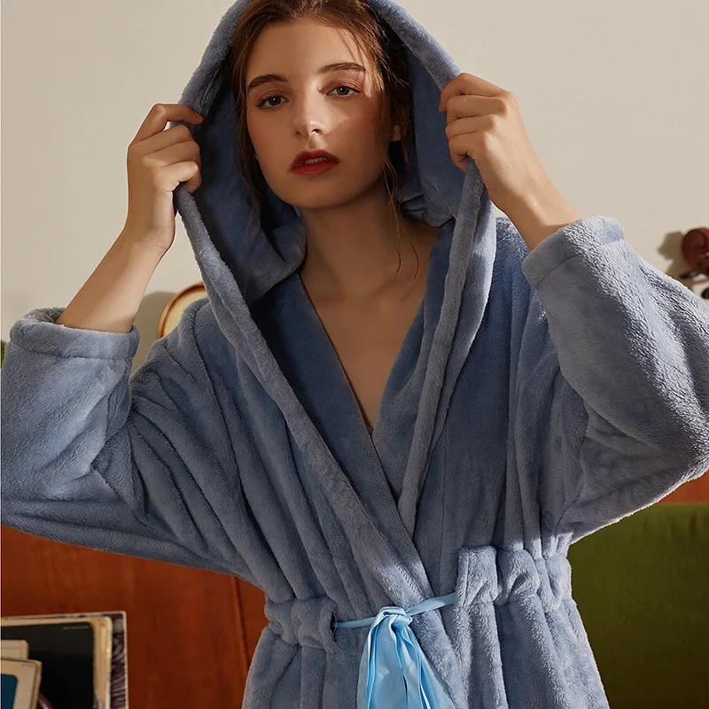 

Women Flannel Bath Robe Sleepwear Autumn Winter Solid Plush Bathrobe Thick Warm Female Robe