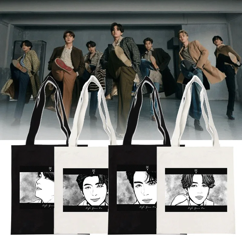 

1 Pcs Kpop Bangtan Boys New Album BE Black White Painting Portable Canvas Bag Comic Style Art Student Stationery Set Accessories