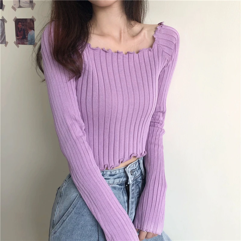

Spring Autumn Women's Tops Korean Style Solid Color Square Neck Long-sleeved Sweater New Slimming Short Knitted Shirt LL552