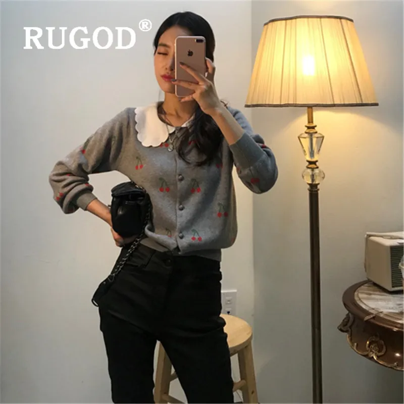 RUGOD Autumn Winter New Style Chic Cherry Pattern Doll Collar Cardigan Vintage Kawaii Knitted Sweater Cute Fashion 2019 |