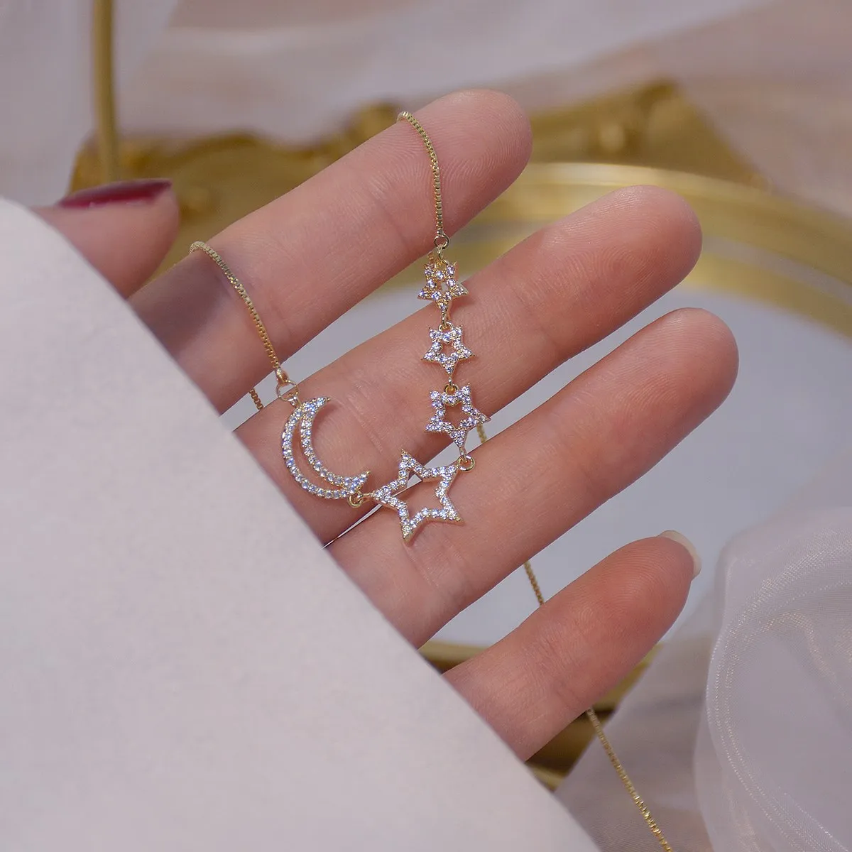 

14k Real Gold Creative Sparkling Micro Inlaid Zircon Moon Star Pendant Necklace for Women Clavicle Chain Necklace Jewelry Gift