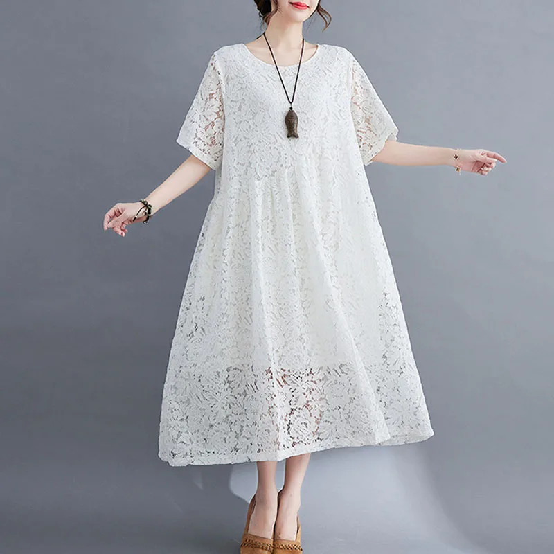 Цельнокроеное женское кружевное платье винтажное летнее свободное миди
