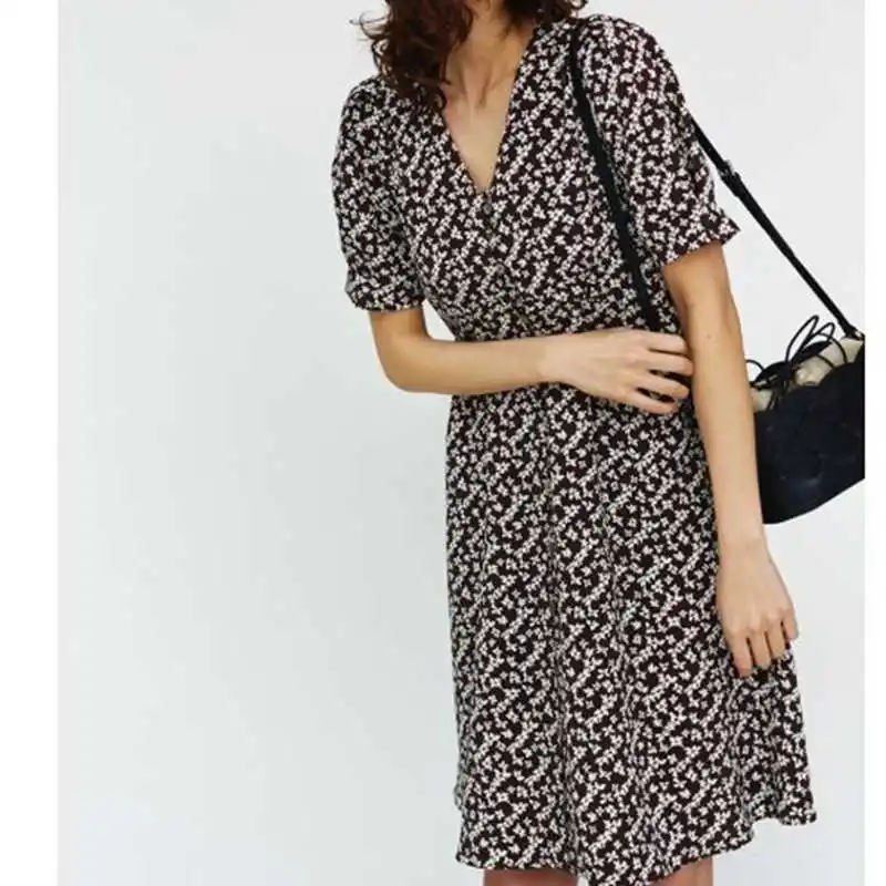 

2021 Summer V-neck Drawstring High Waist Femme Robe Vintage Print Elegant Women Dresses Loose Casual New Puff Sleeve Vestidos