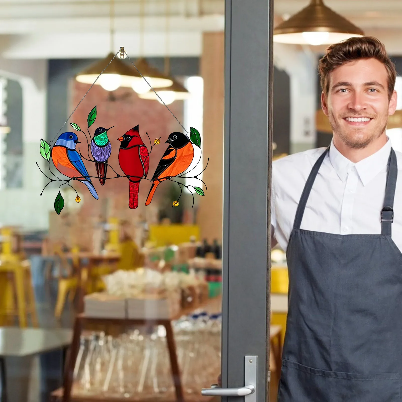 Многоцветная витражная панель с изображением птиц на проволоке | Дом и сад