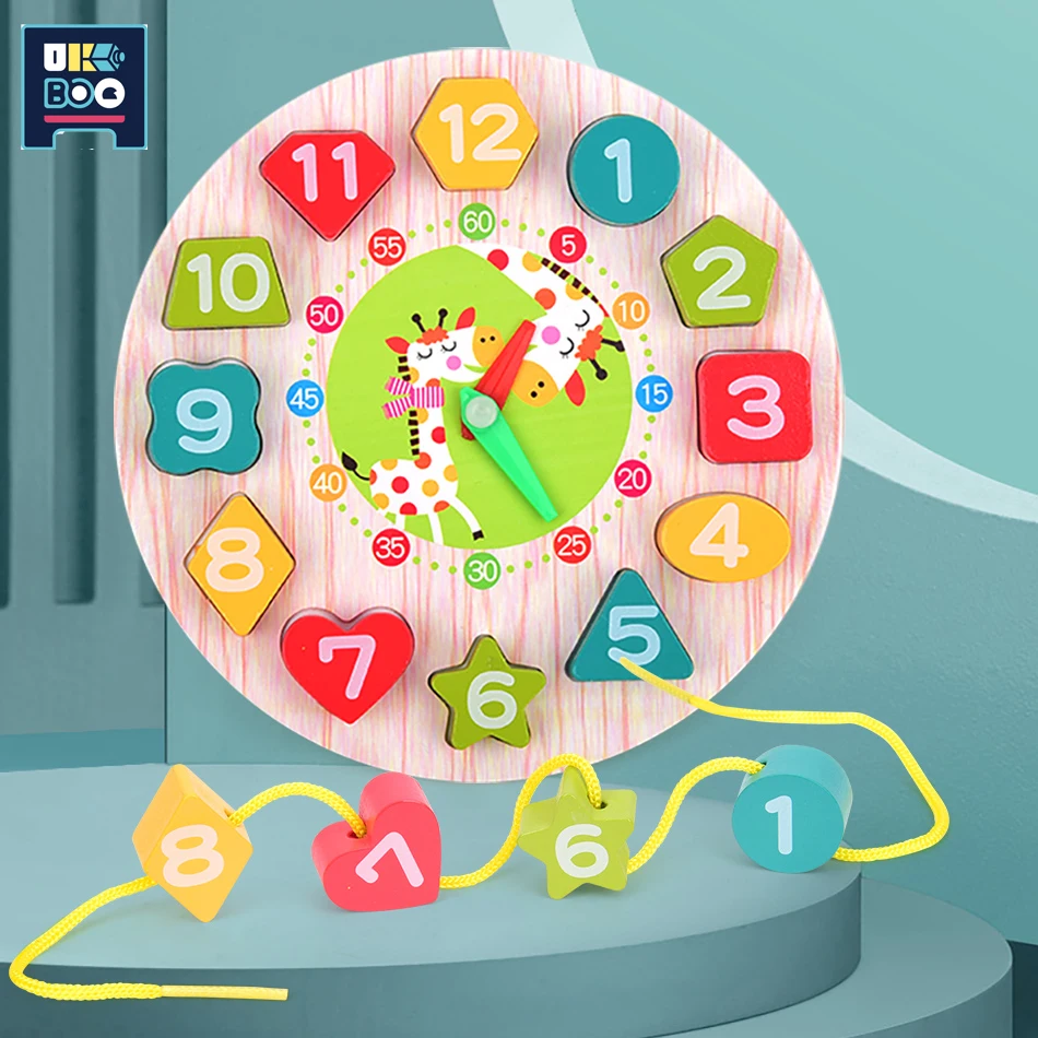 

UKBOO Cartoon Animal Wooden Beaded Geometry Digital Clock Puzzles Gadgets Matching Shape Color Educational Toy For Children