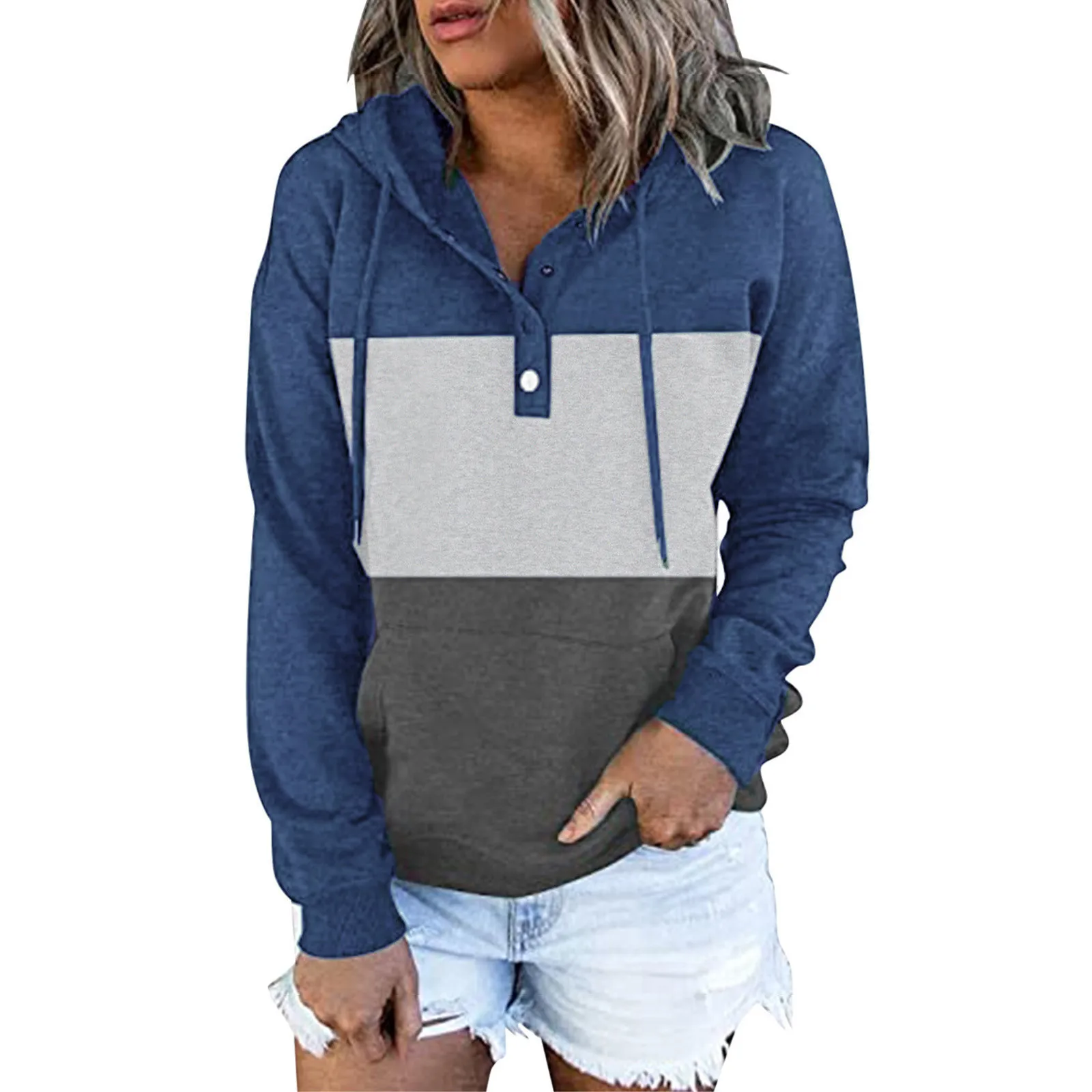 

Женский свитшот, Повседневный пуловер, Топы, Толстовки на пуговицах, Толстовка Оверсайз с карманами и кулиской, толстовки с длинным рукавом ...