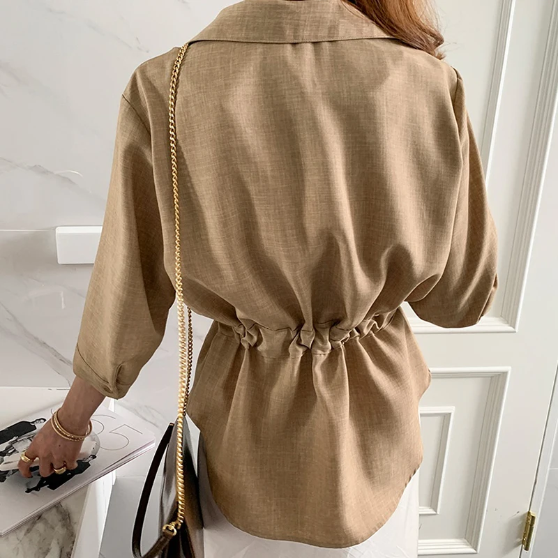 

Korejpaa Women Shirt 2021 Fashion Elegant Lapel Single Breasted Drawstring Lace Up Design Pocket Casual Long Sleeve Blouses Top