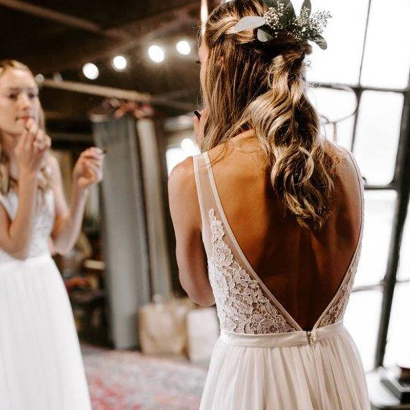 

Hi Shy Bridal New Simple Wedding Dress Backless Sleeveless Design Chiffon Lace Bride Dresses Princess Dress Plus Size 2021