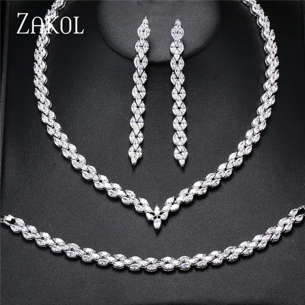 ZAKOL Модный свадебный комплект ювелирных изделий с белым листом ожерелье