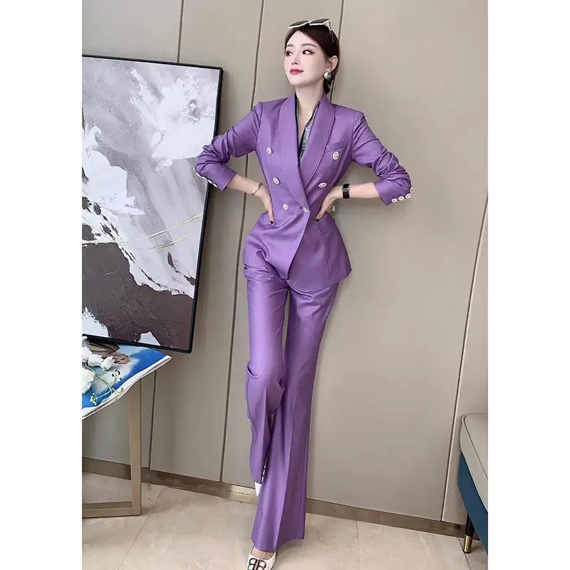 

Женский офисный комплект из 2 предметов, элегантный Блейзер и брюки, фиолетовый деловой костюм, комплект из двух предметов, J73