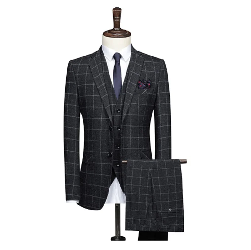 

New Slim Business Dress Plaid Men's Suits Jacket Pants Vest Slim Fit Male Men Suit Blazer Wedding Groom Tuxedos Men Blazer