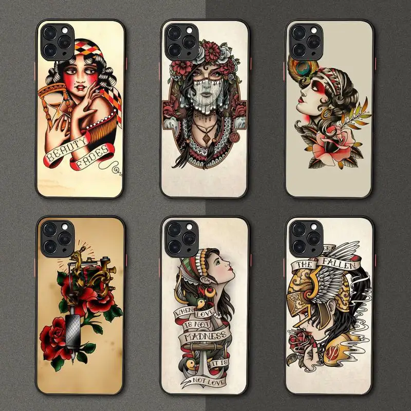 

old school tattoo Cool retro pattern Phone Case matte transparent For iphone 7 8 11 12 plus mini x xs xr pro max cover