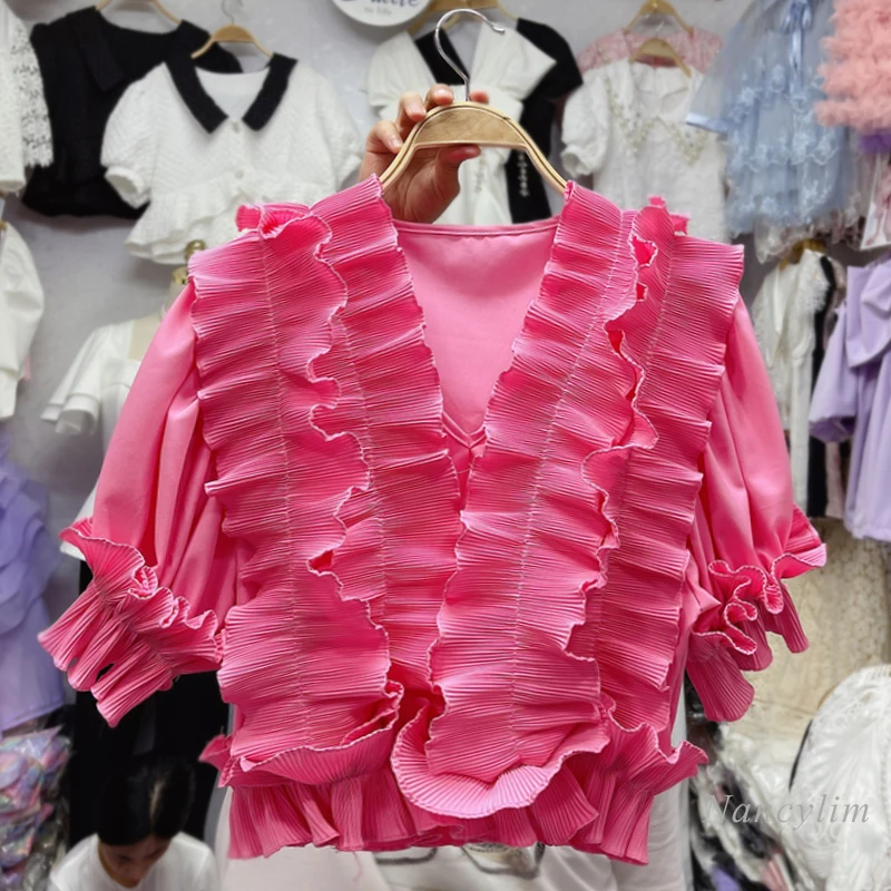 

Cropped Blouses Women Retro Solid Color Puff Sleeve Short Top Lady All-Matching Ruffled Pleated Shirt Blusas