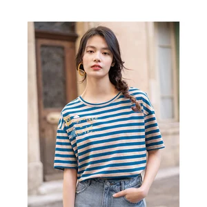 Летняя футболка для девочек из чистого хлопка в полоску с заниженными плечами