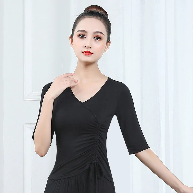 

Women Latin tops Dance V-neck Short Sleeve Slim Sexy Modern Ballroom Samba Tango Flamengo Dancing Practice T-shirt Costume