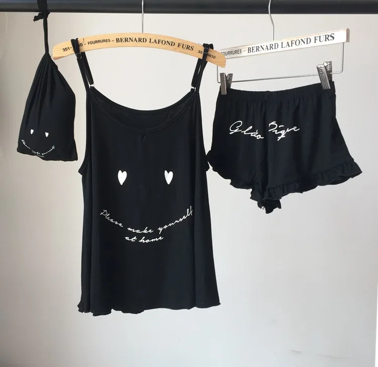 Smile black Женский хлопковый пижамный комплект, Свободный Повседневный Топ с буквенным принтом+ шорты, мягкий ремешок, ночное белье, Модальная высокая эластичная ночная рубашка, домашняя одежда - Цвет: Smile black
