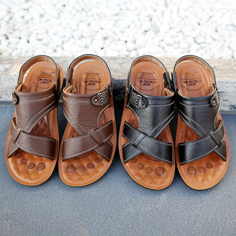 

Men's Open-toed Sandals 2021 Waterproof Non-Slip Trend Beach Sandal Cow Leather Men's Soft Bottom Wear-Resistant Slippers