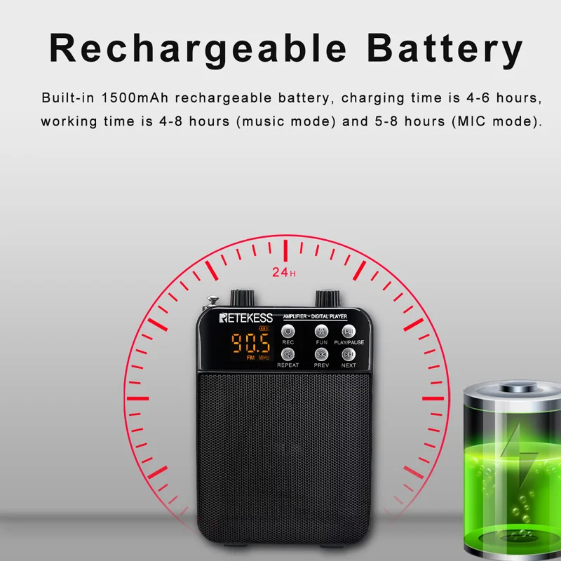 

RETEKESS TR619 Megaphone Portable FM Recording Voice Amplifier Teacher Microphone Speaker with USB TF Card Socket AUX In and Mic