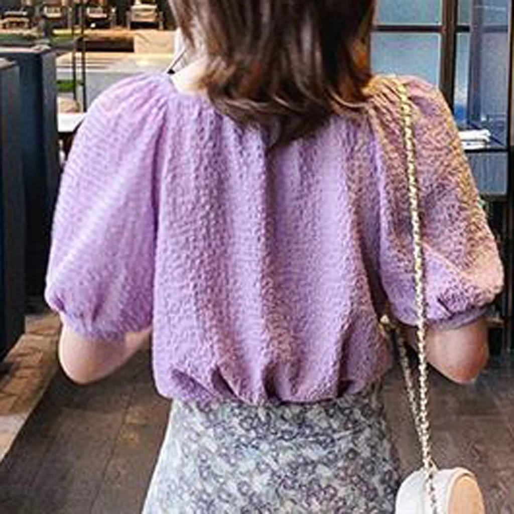 Женские летние футболки модные однотонные с пышными короткими рукавами и