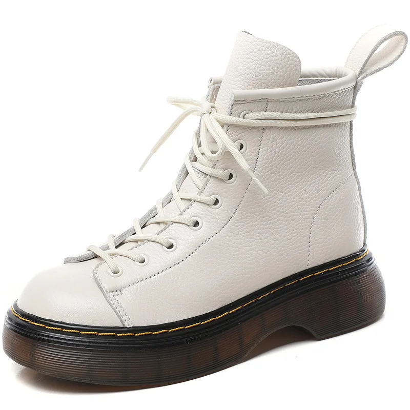 

2022 New Thick-bottomed Martin Boots Women Autumn/winter Genuine Leather Lace Up Ankle Boots Fashion Women Black White Shoes