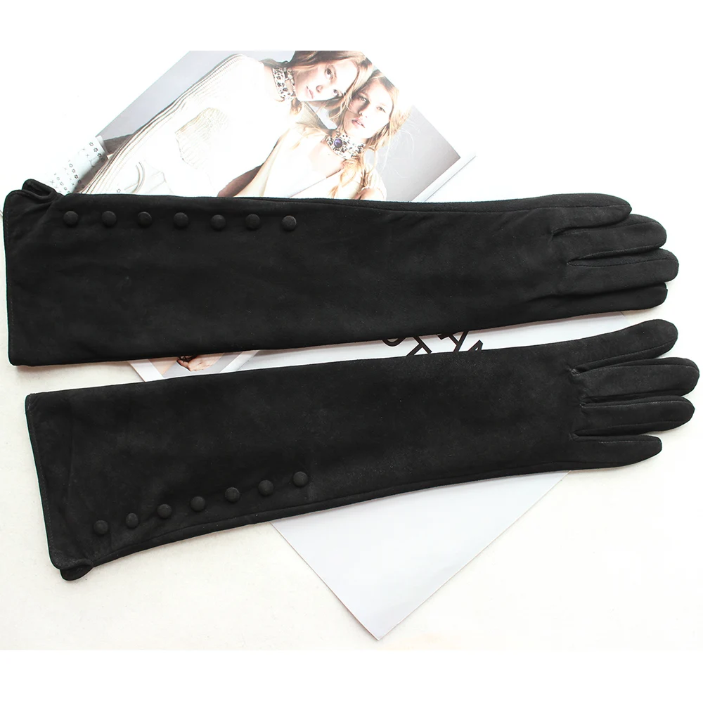 Новые женские длинные Замшевые Кожаные перчатки черные прямые бархатные уличные