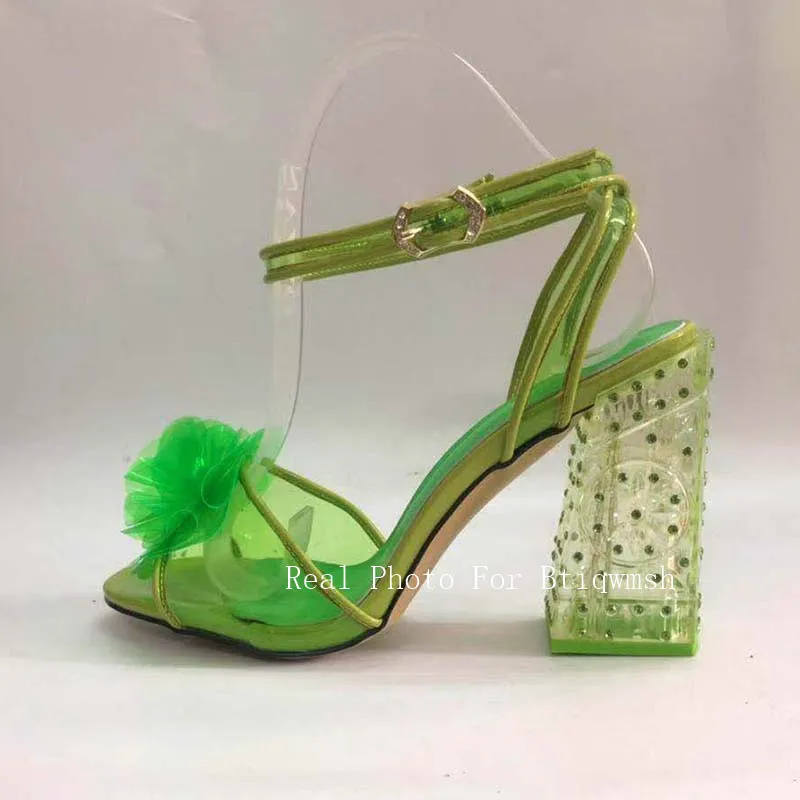 Green Crystal Sandals Women Open Toe Flower Rhinestone Ankle Strap Transparent High Heel Shoes Woman Fashion Wedding Shoes