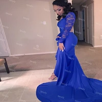 open back royal blue mermaid evening dress with long sleeve 2021 sweep train black girl prom dresses robe desoir%c3%a9e de mariage