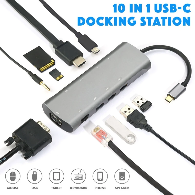 USB C концентратор док станция адаптер 10 портов s для Type к 3 0 TF/SD HDMI VAG PD LAN o порт в