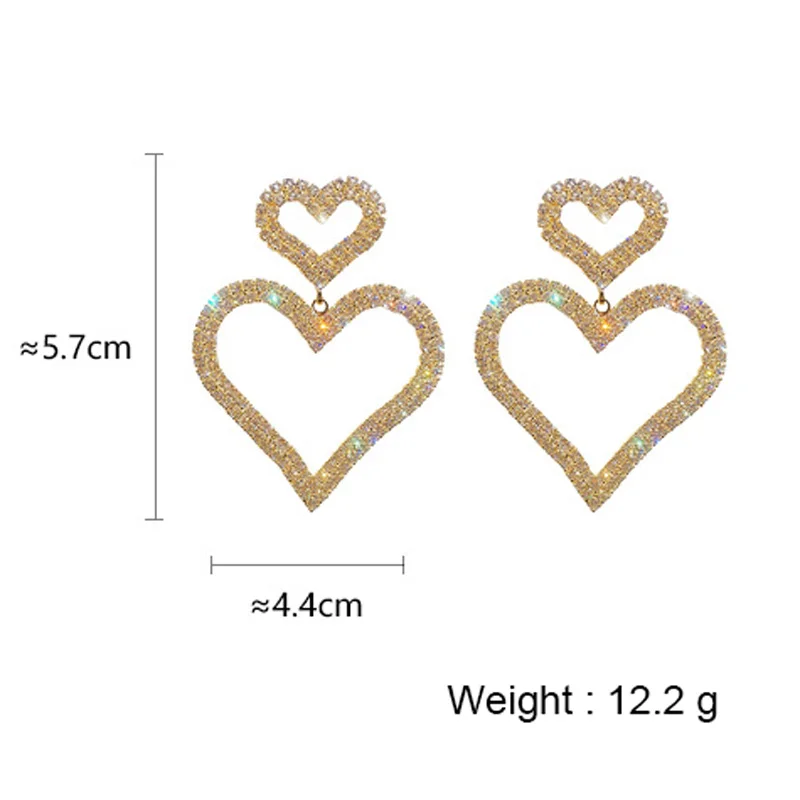

USTAR Bling Double Heart Geometric Drop Earrings for Women Girls Bijoux Oversize Gold Crystal Dangle Earrings Party Jewelry