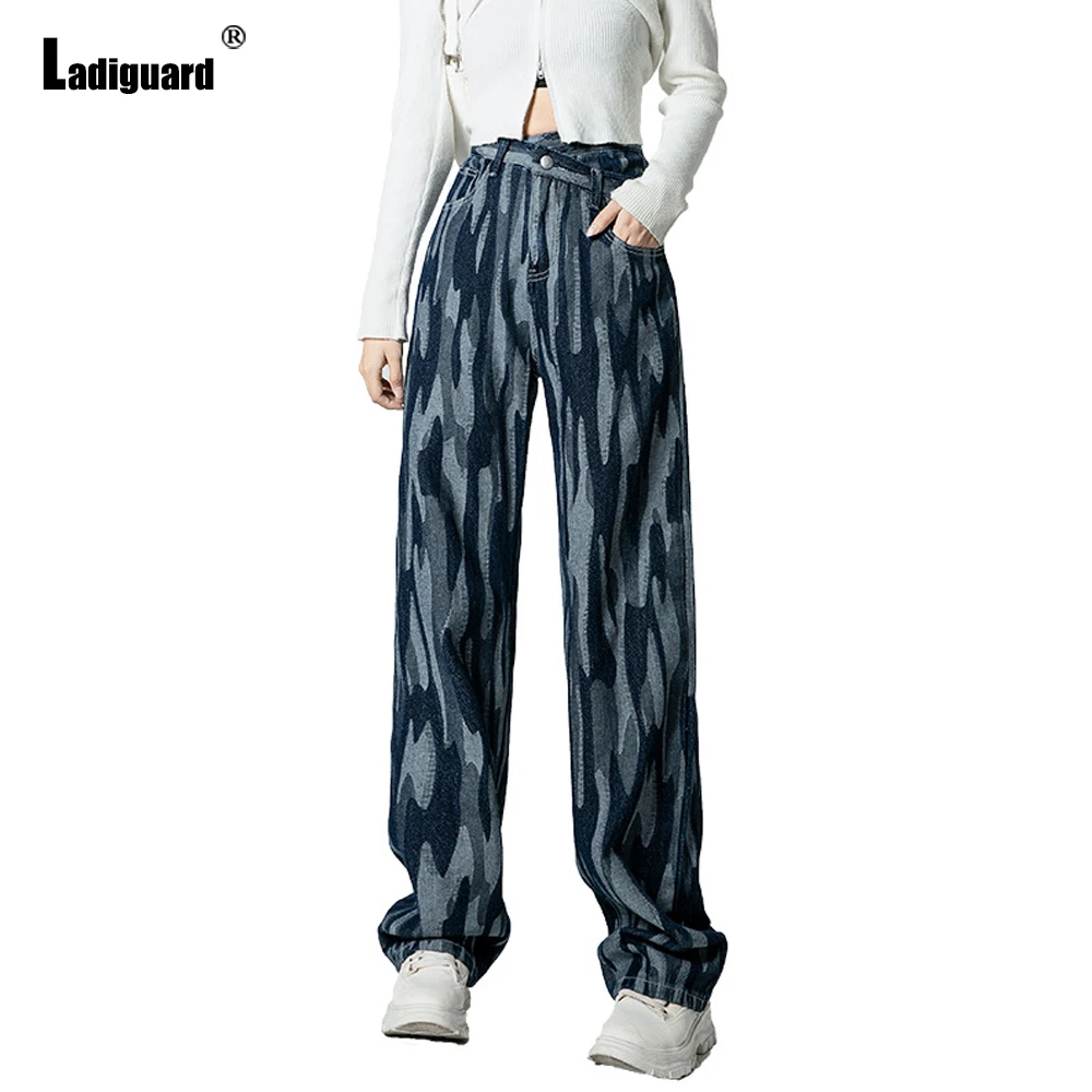Ladiguard Women High Cut Demin Pants Girls Sexy Block Print Jeans Straight Leg Trouser Harajuku 2022 Spring New Fashion Pants
