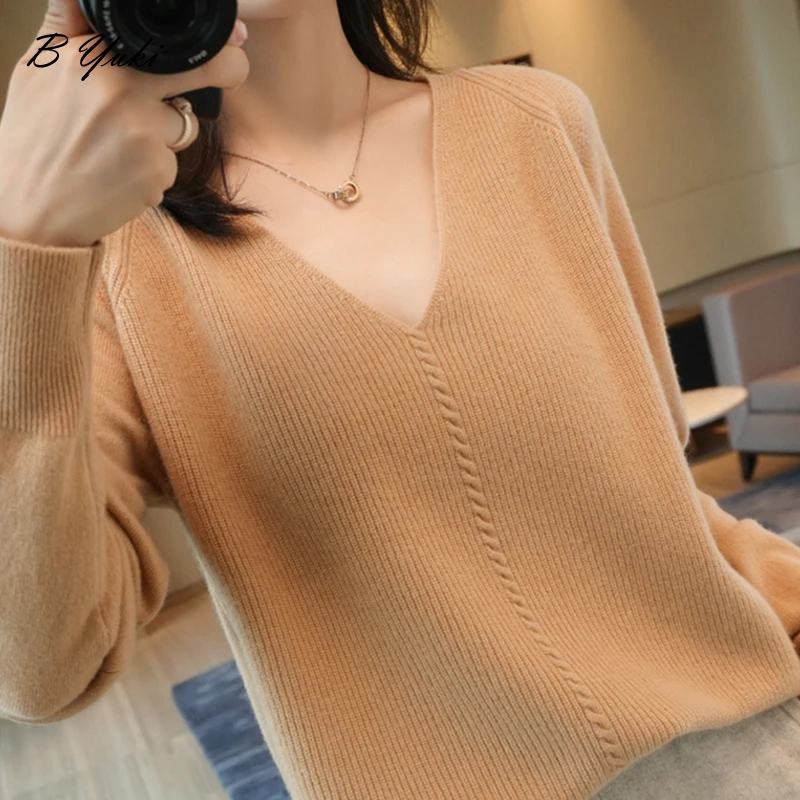 

Свитер женский оверсайз с V-образным вырезом и длинным рукавом