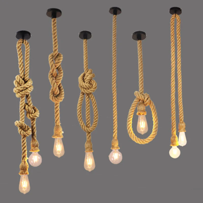

Vintage Hemp Rope Chandelier Attic Personality Industrial LED Pendant Lights For Dining Room Bar Retro Hanging Home Decor Lamp