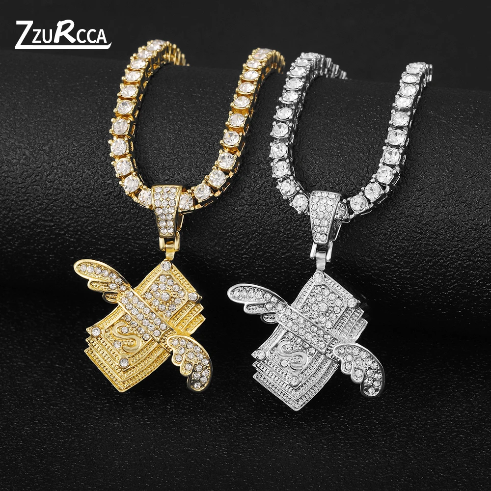 

Hip Hop Flying Dollar Pendant Necklace Bling Bling Rhinestone Gold Link Chain Necklace for Women Men naszyjnik colar masculino
