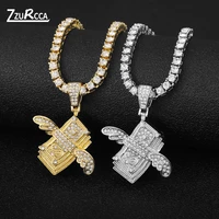 hip hop flying dollar pendant necklace bling bling rhinestone gold link chain necklace for women men naszyjnik colar masculino