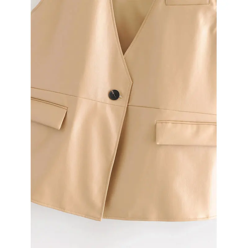 

Nlzgmsj za Women 2020 Single Button Faux Leather Waistcoat Vintage V Neck Sleeveless Loose Female Vest Outerwear Chic Tops