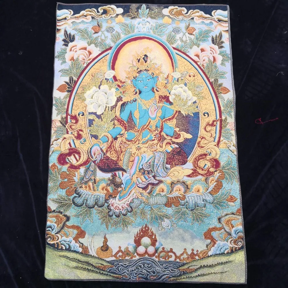

36 inch Tibet Buddhism Silk embroidery Seat Green Tara Buddhism Thangka Painting Mural