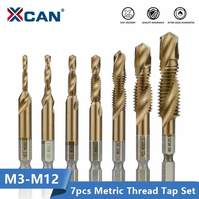 

XCAN Hex Shank Thread Tap 7pcs M3 M4 M5 M6 M8 M10 M12 Metric HSS Screw Hole Drill Machine Plug Tap TiCN Coated Screw Thread Tap