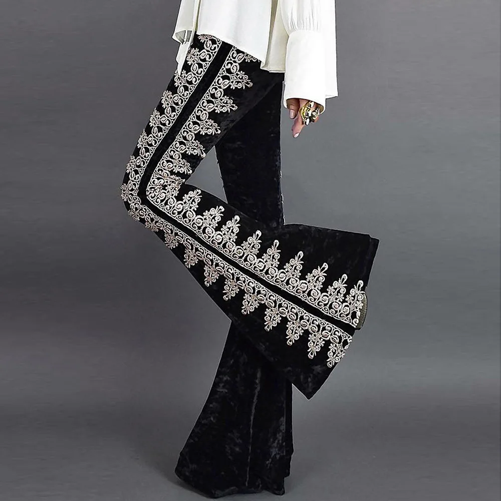 New Fall/winter New European and American Trousers Women's Velvet High Waist Unique Embroidery Slim Flared Trousers