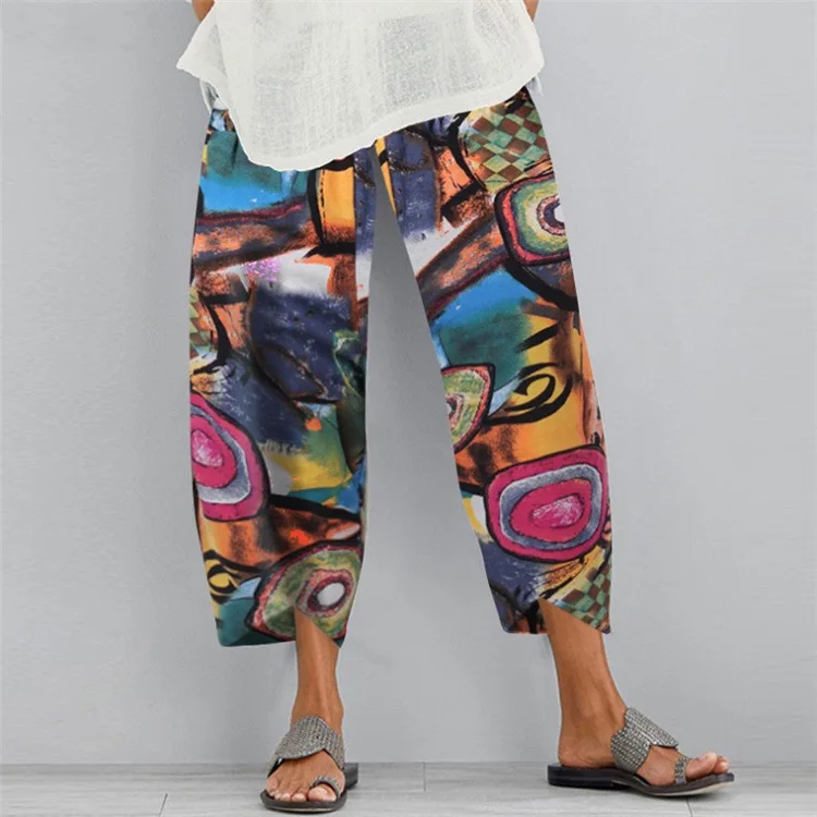 

WEPBEL Printed Loose Ankle-Length Pants Women's Casual Pants Summer Fashion Elastic High Waist Pocket Straight Pants