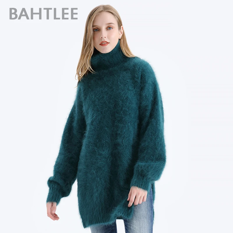 BAHTLEE Women Angora Pullovers Sweater Autumn Winter Wool Knitted Jumper Long Sleeves Turtleneck  Loose Style